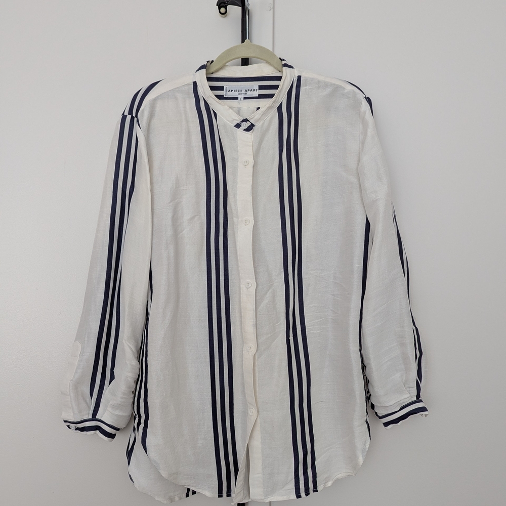 Apiece Apart Navy and Cream Striped Silk Blouse